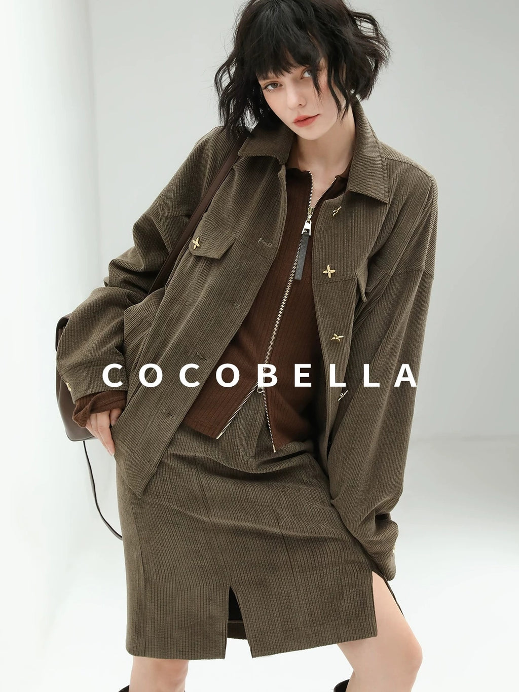 COCOBELLA Slim Zip Up Collared Knit Commuter Long Sleeve Viscose Brown Sweater