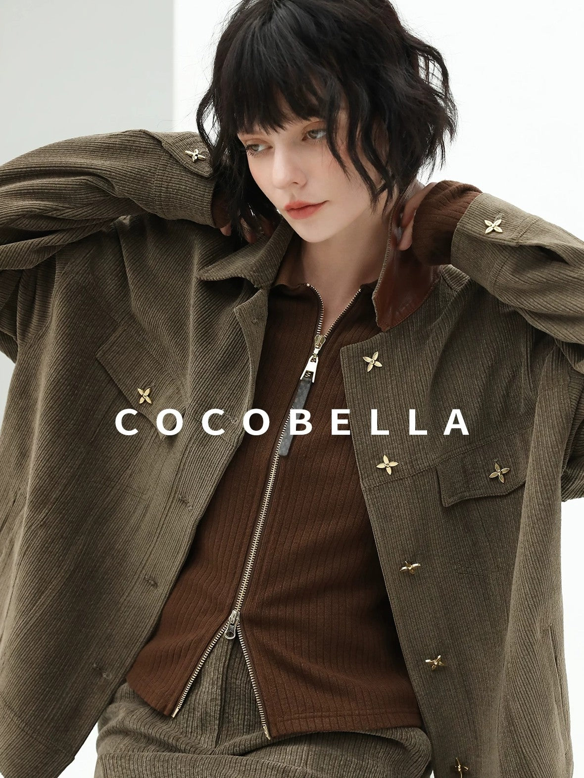 COCOBELLA Slim Zip Up Collared Knit Commuter Long Sleeve Viscose Brown Sweater