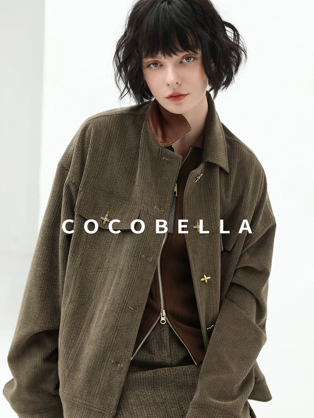 COCOBELLA Slim Zip Up Collared Knit Commuter Long Sleeve Viscose Brown Sweater