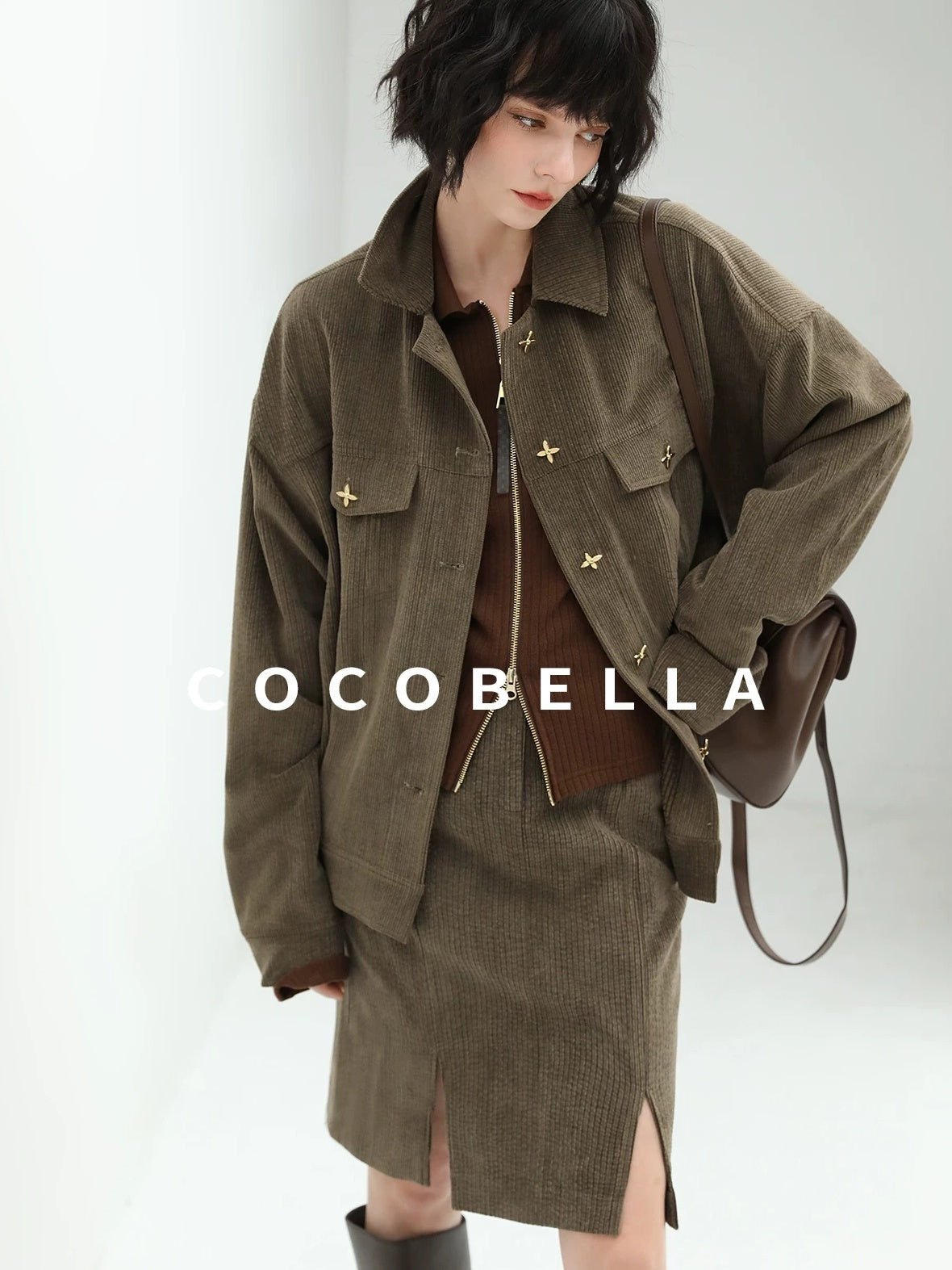 COCOBELLA Slim Zip Up Collared Knit Commuter Long Sleeve Viscose Brown Sweater