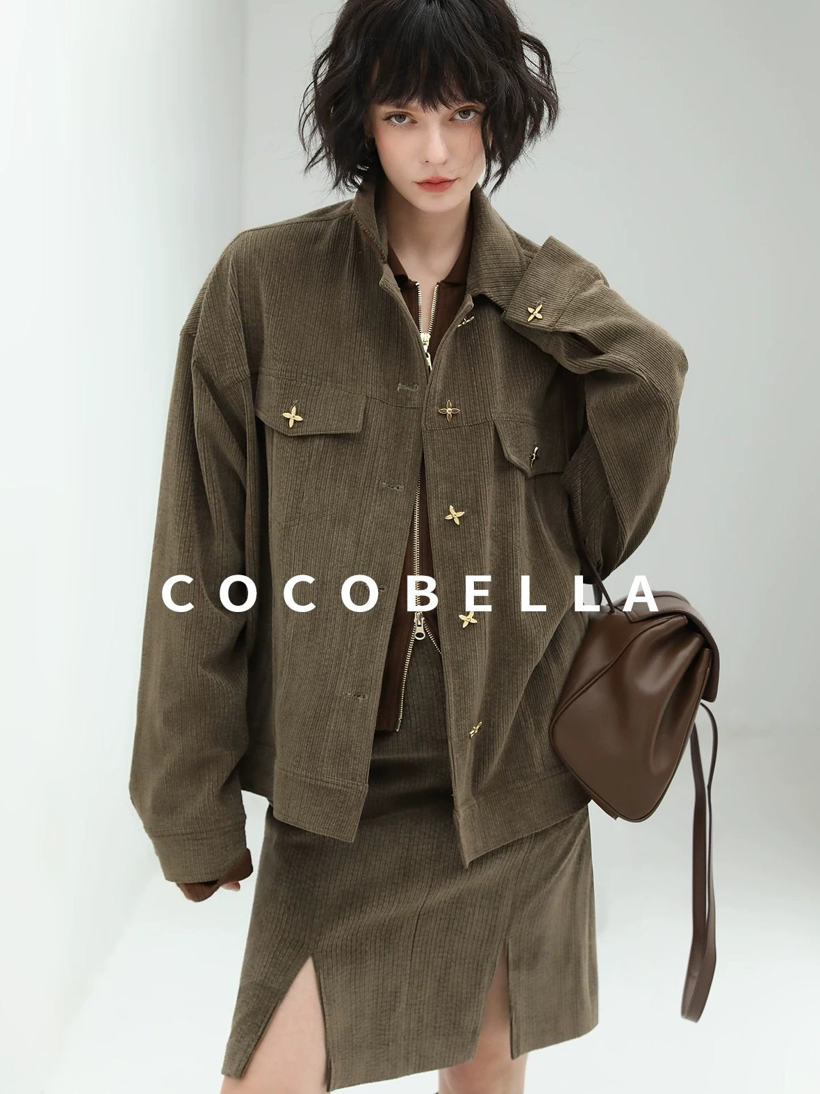 COCOBELLA Slim Zip Up Collared Knit Commuter Long Sleeve Viscose Brown Sweater