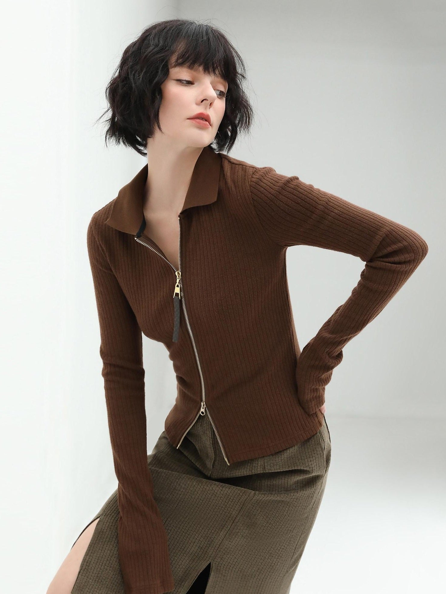 COCOBELLA Slim Zip Up Collared Knit Commuter Long Sleeve Viscose Brown Sweater
