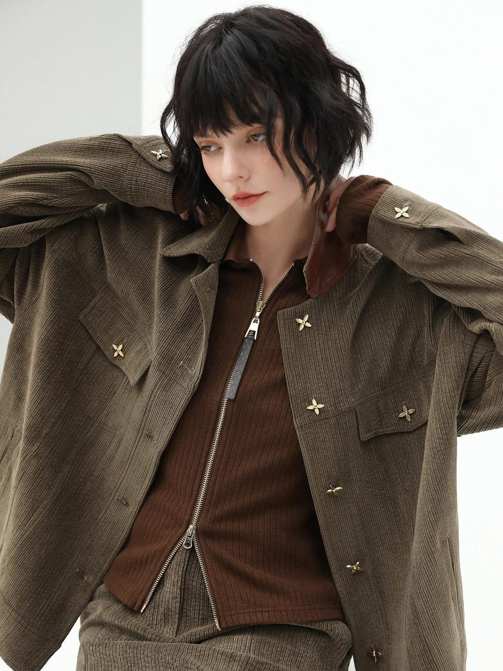 COCOBELLA Slim Zip Up Collared Knit Commuter Long Sleeve Viscose Brown Sweater