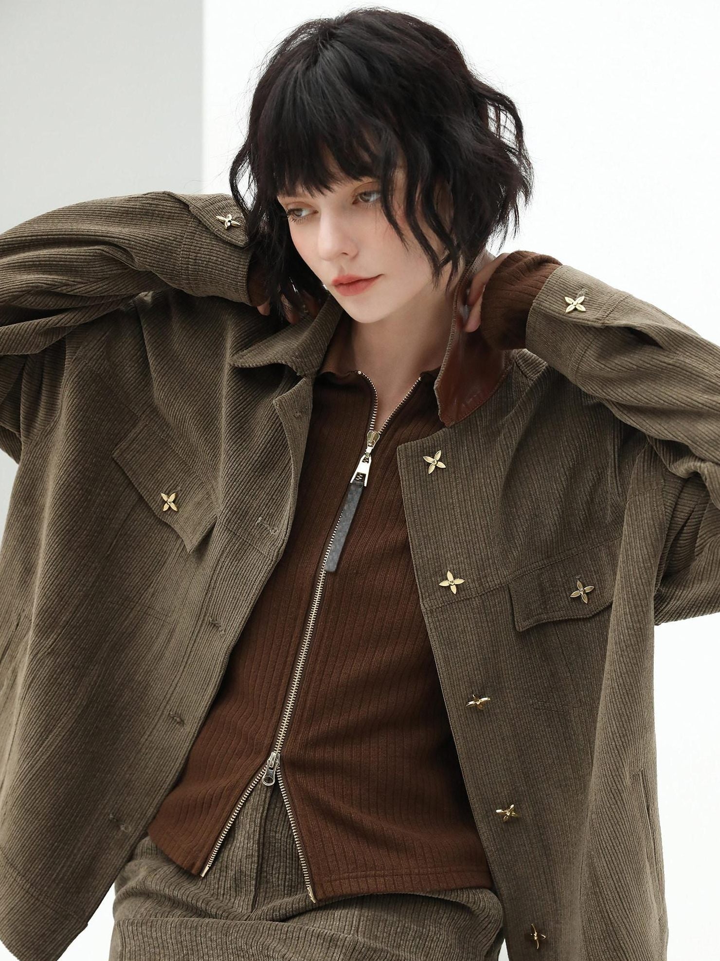 COCOBELLA Slim Zip Up Collared Knit Commuter Long Sleeve Viscose Brown Sweater