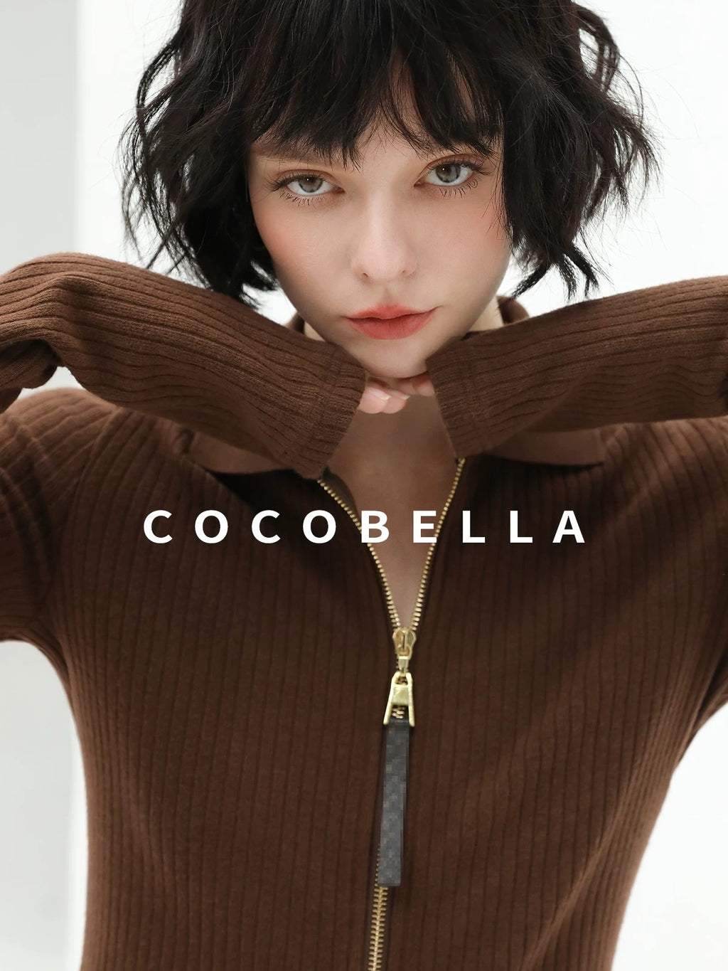 COCOBELLA Slim Zip Up Collared Knit Commuter Long Sleeve Viscose Brown Sweater