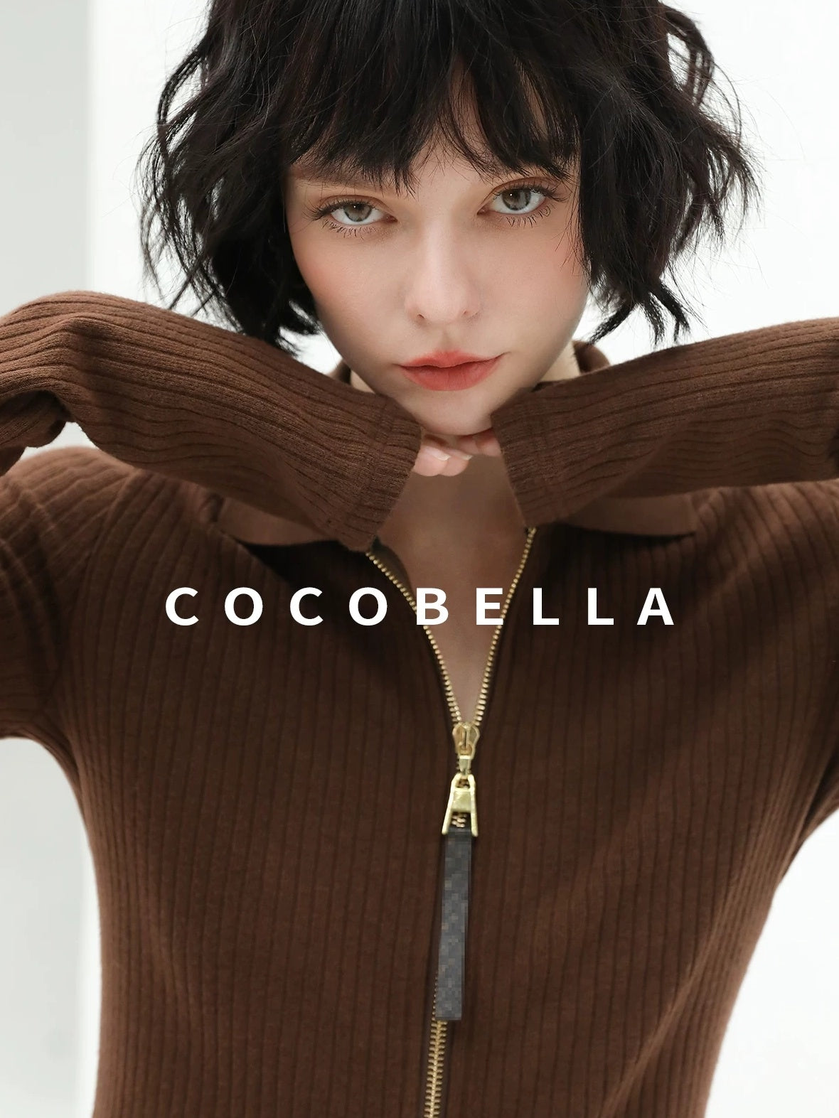 COCOBELLA Slim Zip Up Collared Knit Commuter Long Sleeve Viscose Brown Sweater