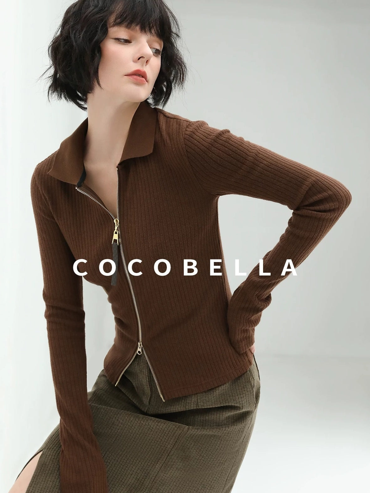 COCOBELLA Slim Zip Up Collared Knit Commuter Long Sleeve Viscose Brown Sweater
