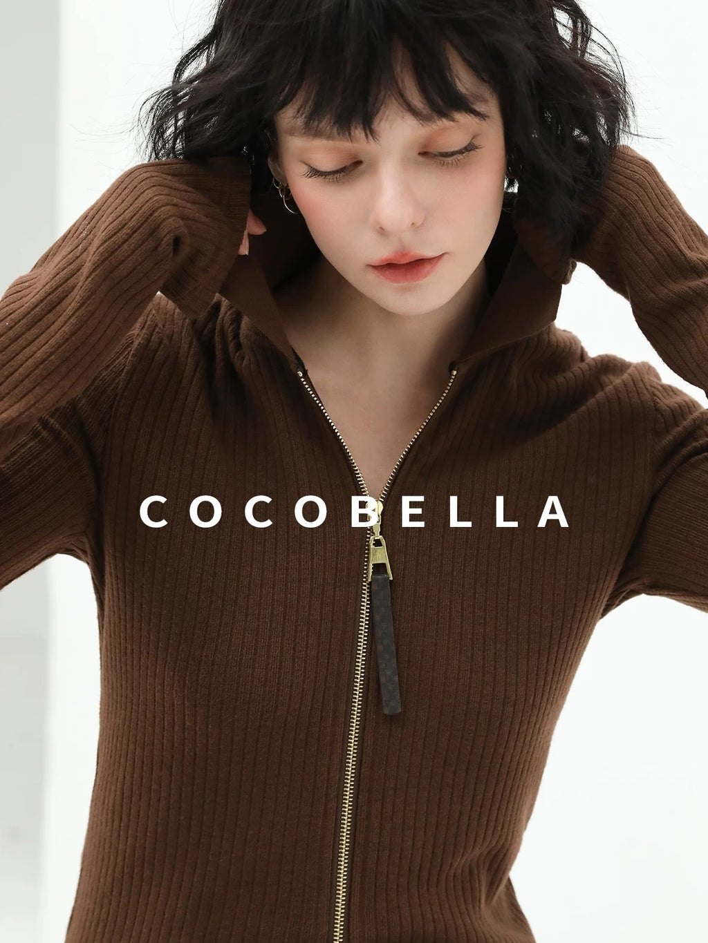COCOBELLA Slim Zip Up Collared Knit Commuter Long Sleeve Viscose Brown Sweater