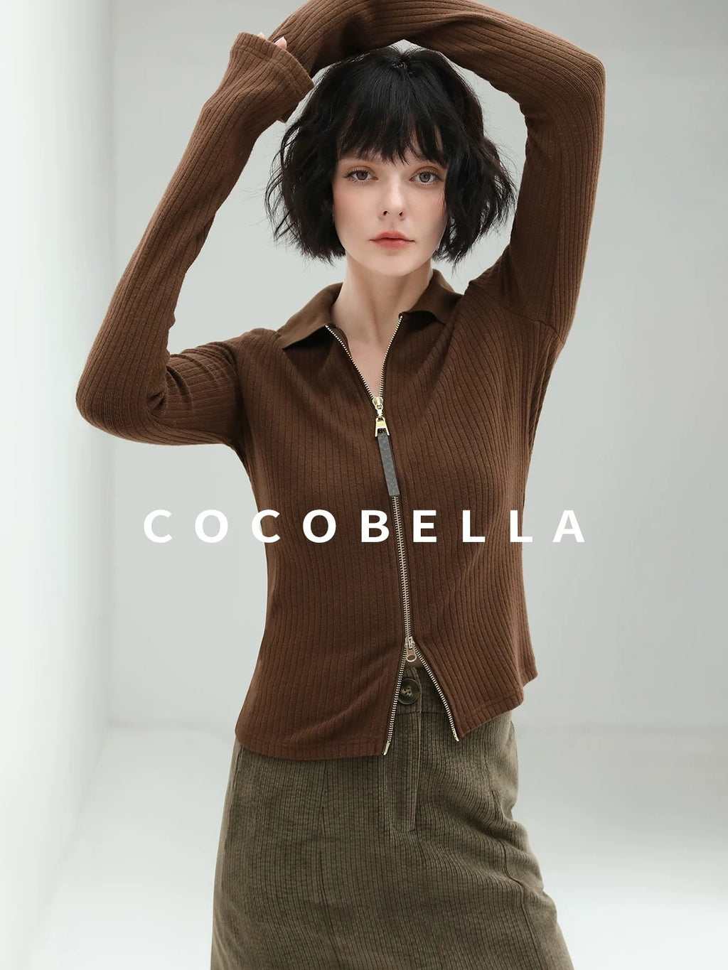 COCOBELLA Slim Zip Up Collared Knit Commuter Long Sleeve Viscose Brown Sweater