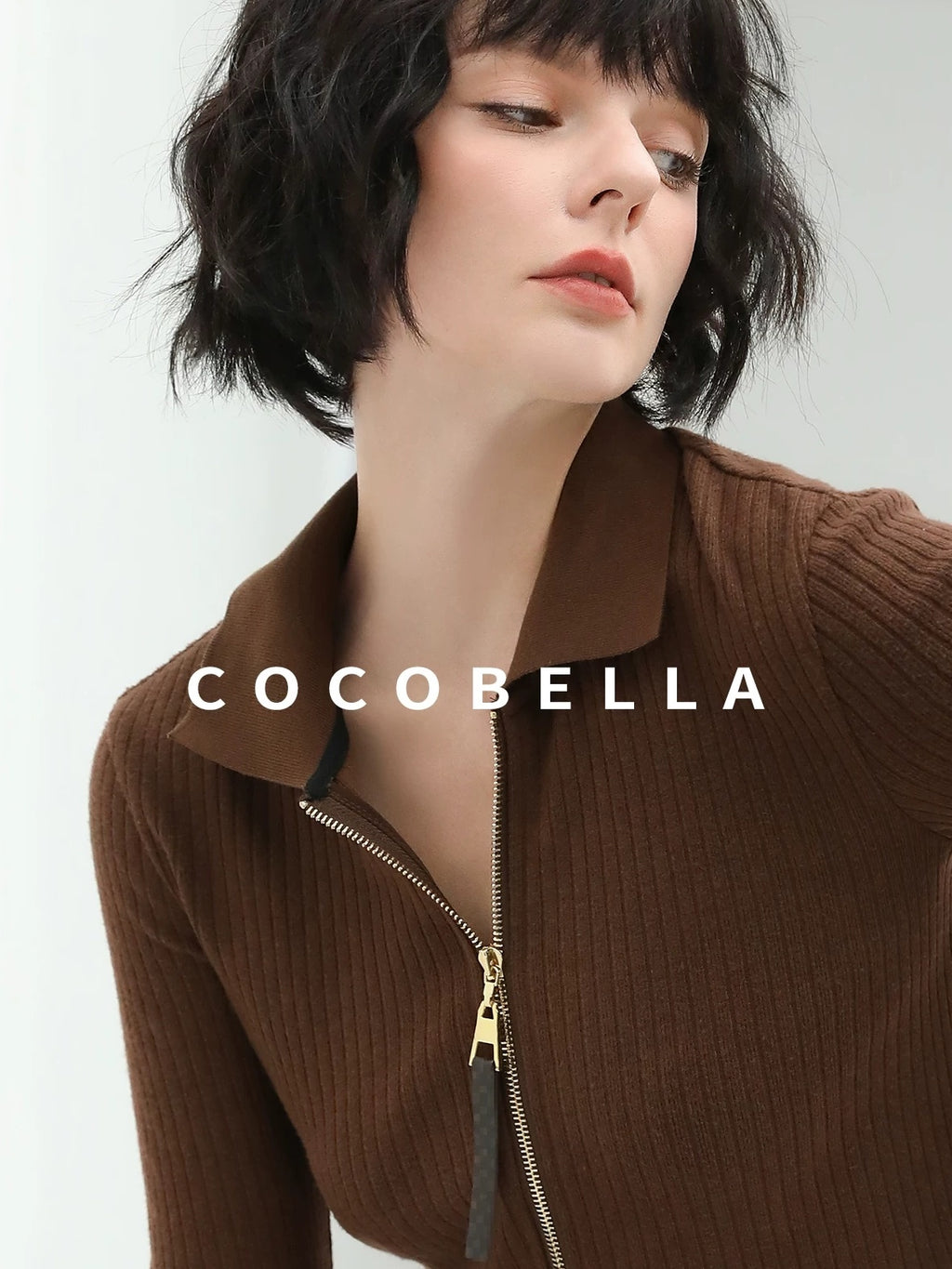COCOBELLA Slim Zip Up Collared Knit Commuter Long Sleeve Viscose Brown Sweater