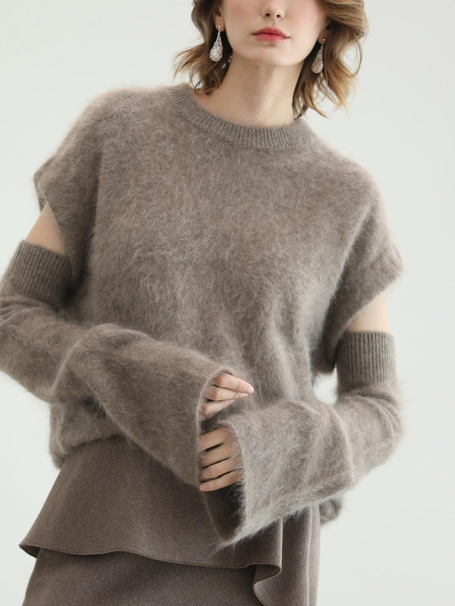 COCOBELLA Soft 100 Percent Wool Commuter Straight Fit Short Sleeve Crew Neck Mink Sweater