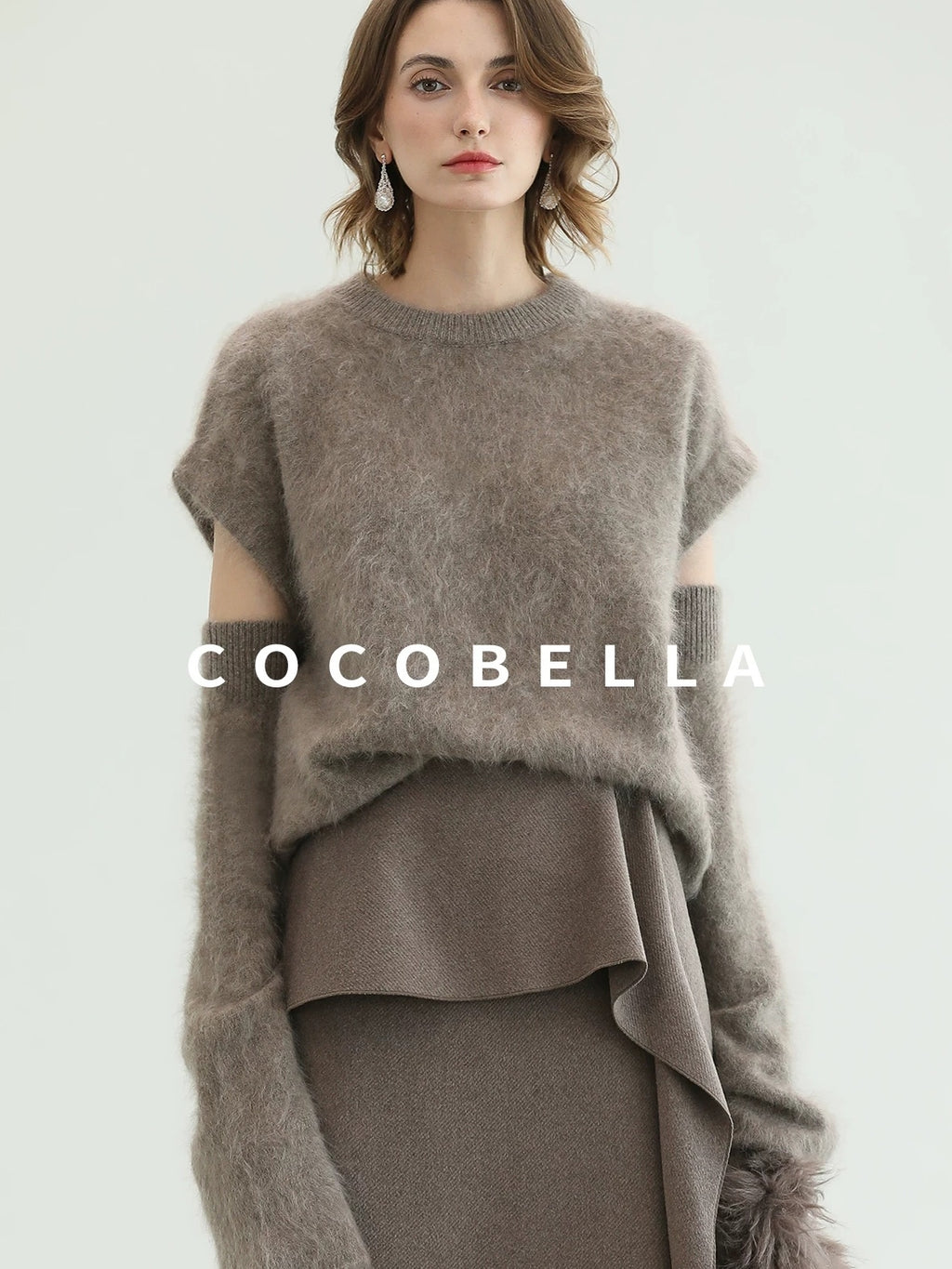 COCOBELLA Soft 100 Percent Wool Commuter Straight Fit Short Sleeve Crew Neck Mink Sweater