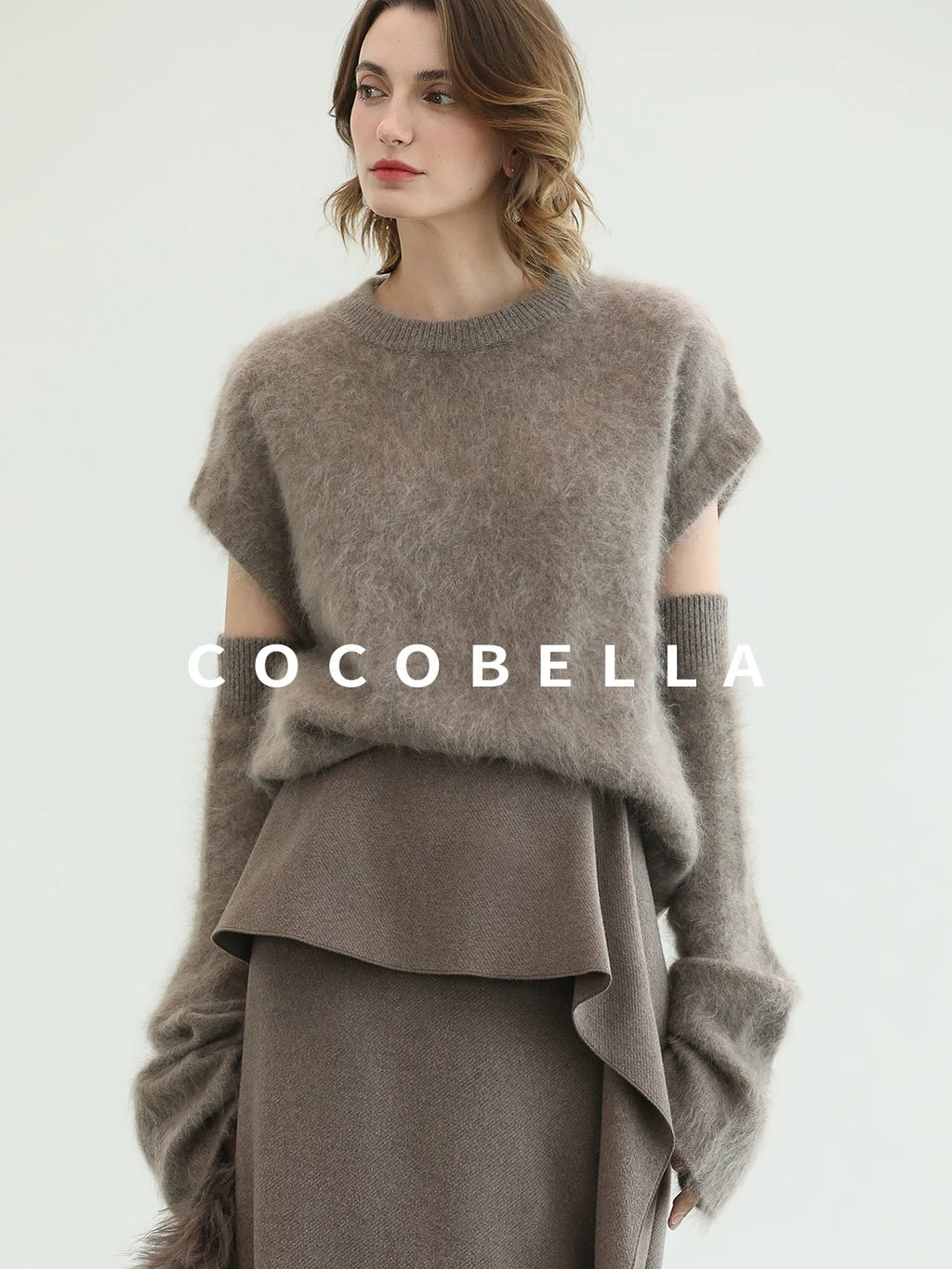 COCOBELLA Soft 100 Percent Wool Commuter Straight Fit Short Sleeve Crew Neck Mink Sweater