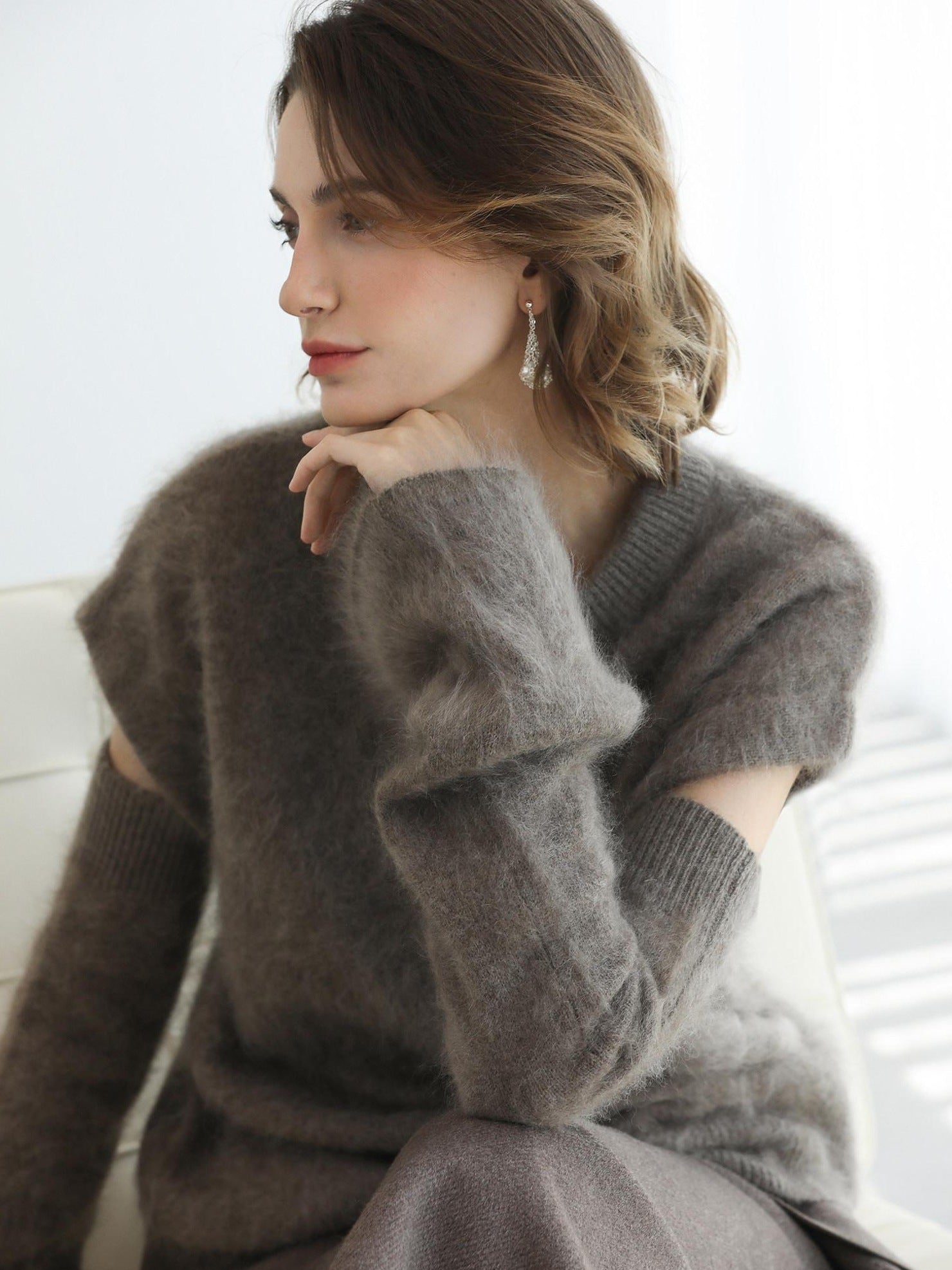 COCOBELLA Soft 100 Percent Wool Commuter Straight Fit Short Sleeve Crew Neck Mink Sweater