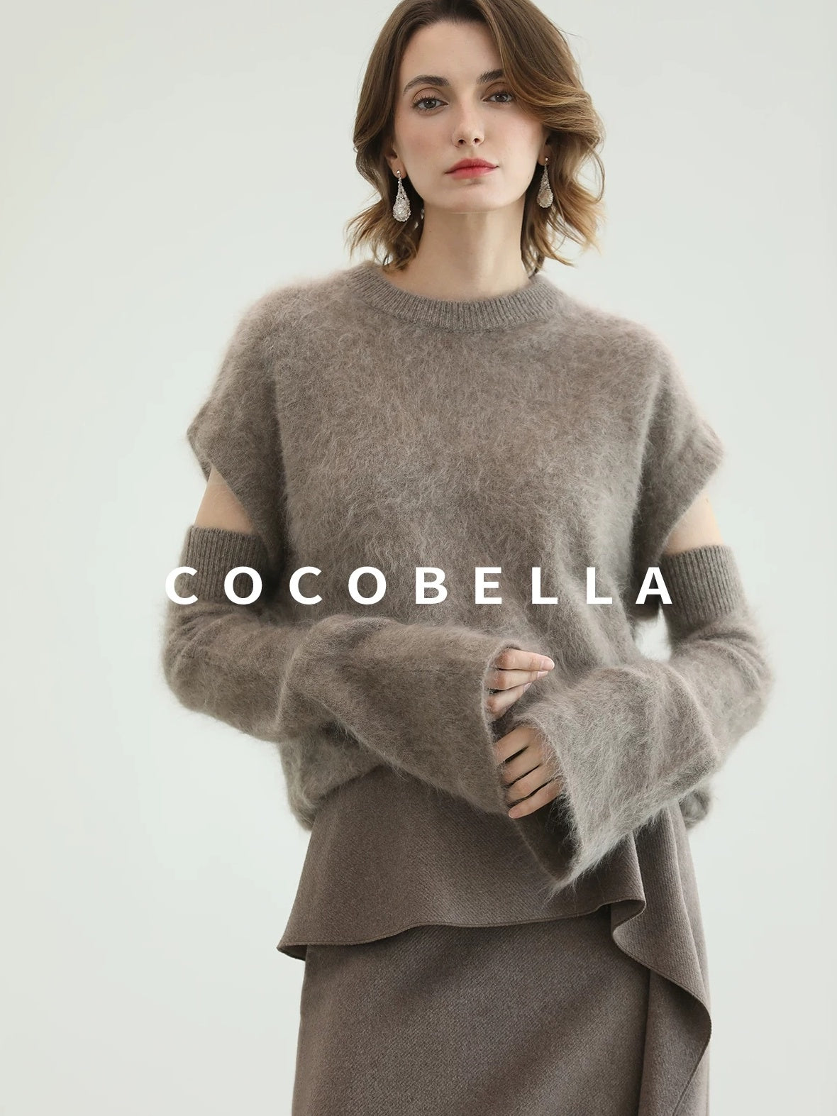 COCOBELLA Soft 100 Percent Wool Commuter Straight Fit Short Sleeve Crew Neck Mink Sweater