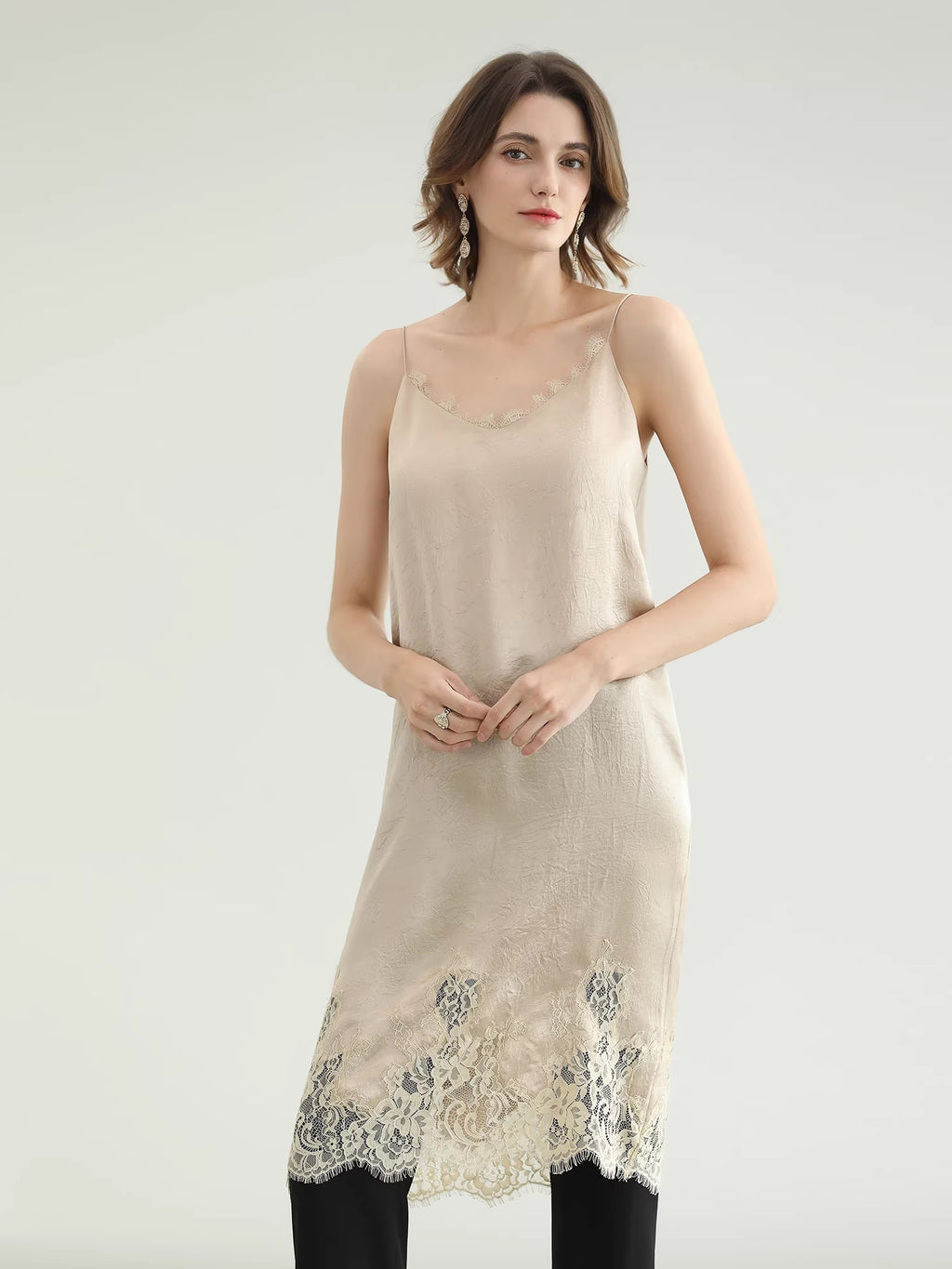 COCOBELLA_Soft_Acetate_Elegant_Pleated_Lace_V_Neck_Straight_H_Line_City_Slip_Dresses_MISSTT