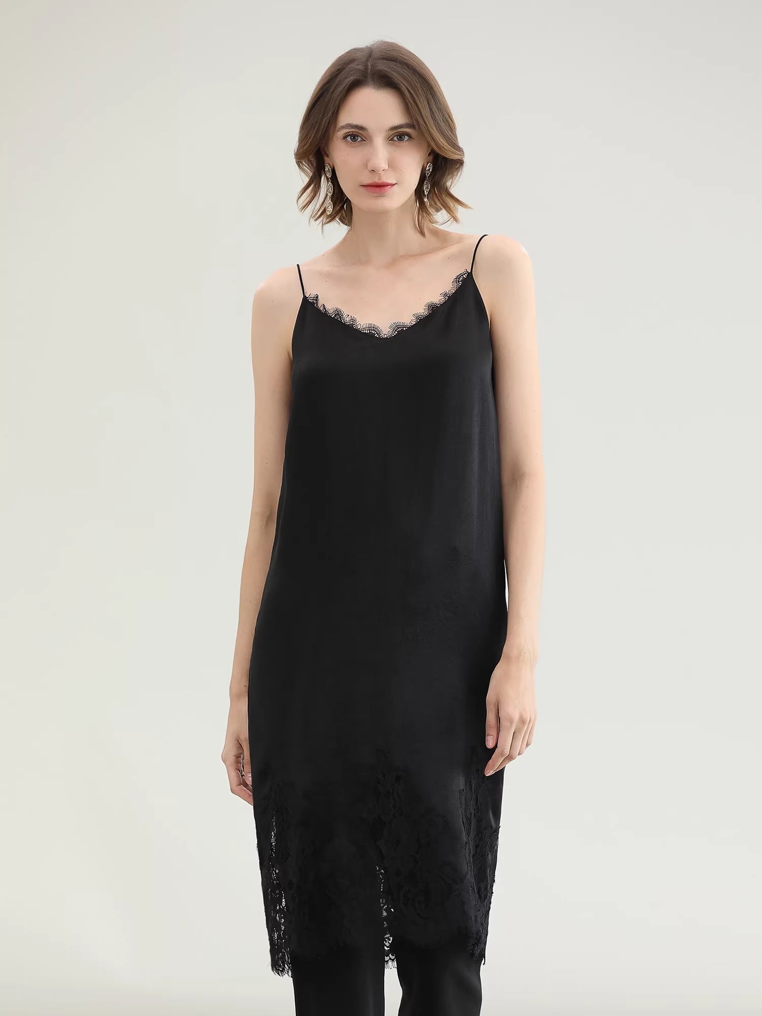 COCOBELLA_Soft_Acetate_Elegant_Pleated_Lace_V_Neck_Straight_H_Line_City_Slip_Dresses_MISSTT