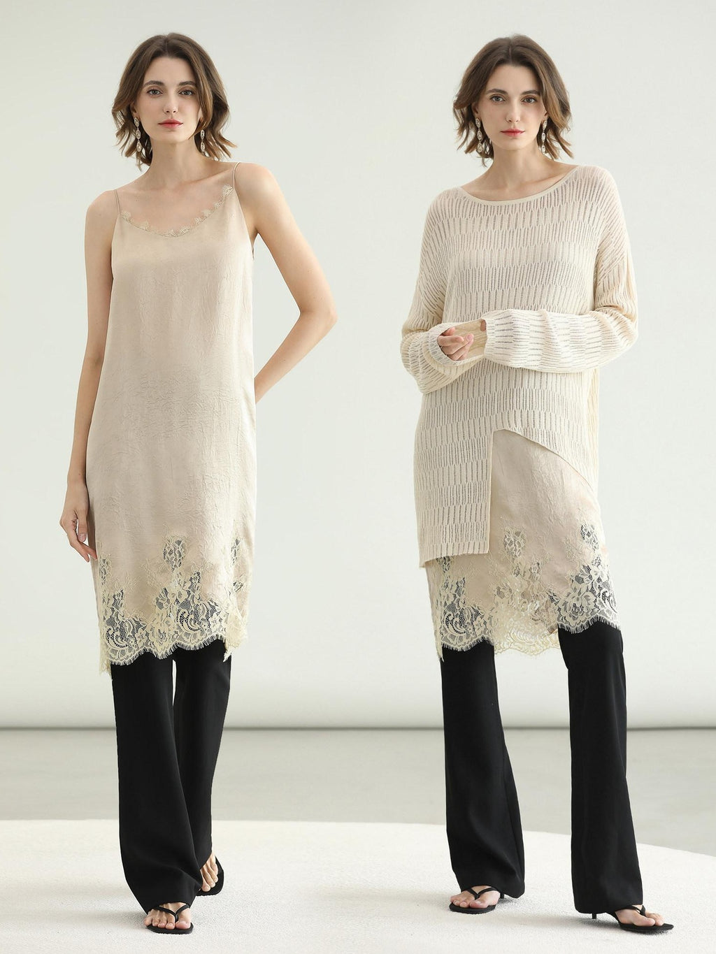 COCOBELLA Soft Acetate Elegant Pleated Lace V Neck Straight H Line City Slip Dresses