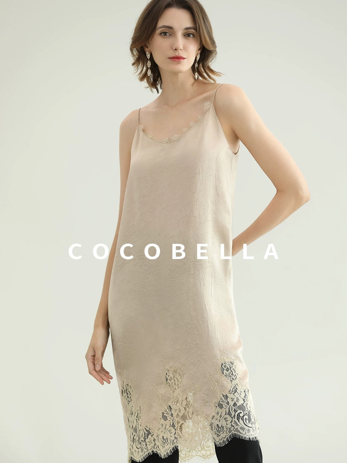 COCOBELLA Soft Acetate Elegant Pleated Lace V Neck Straight H Line City Slip Dresses