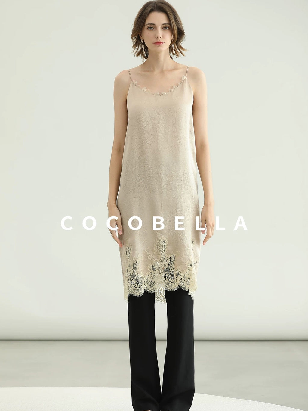 COCOBELLA Soft Acetate Elegant Pleated Lace V Neck Straight H Line City Slip Dresses