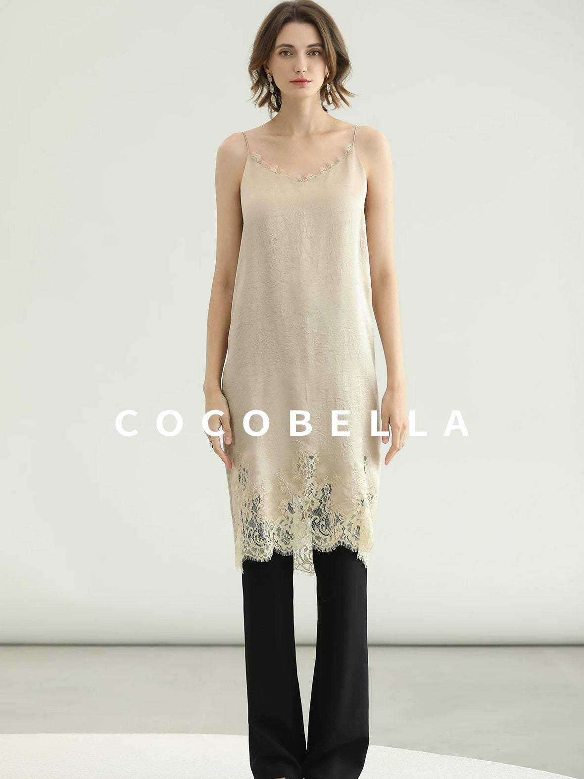COCOBELLA Soft Acetate Elegant Pleated Lace V Neck Straight H Line City Slip Dresses