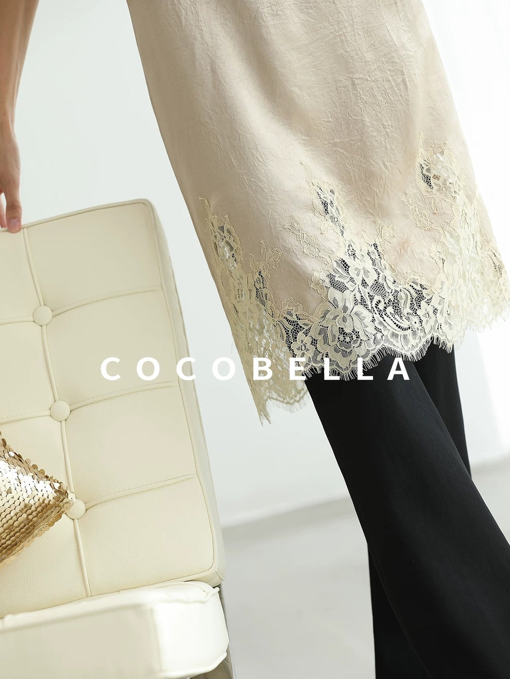 COCOBELLA Soft Acetate Elegant Pleated Lace V Neck Straight H Line City Slip Dresses