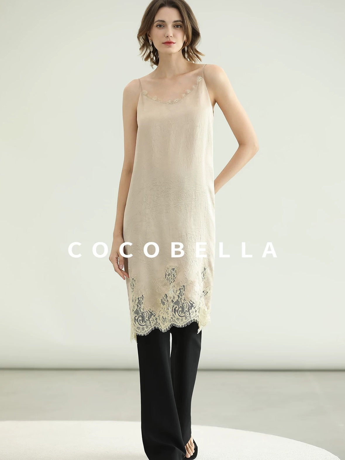 COCOBELLA Soft Acetate Elegant Pleated Lace V Neck Straight H Line City Slip Dresses
