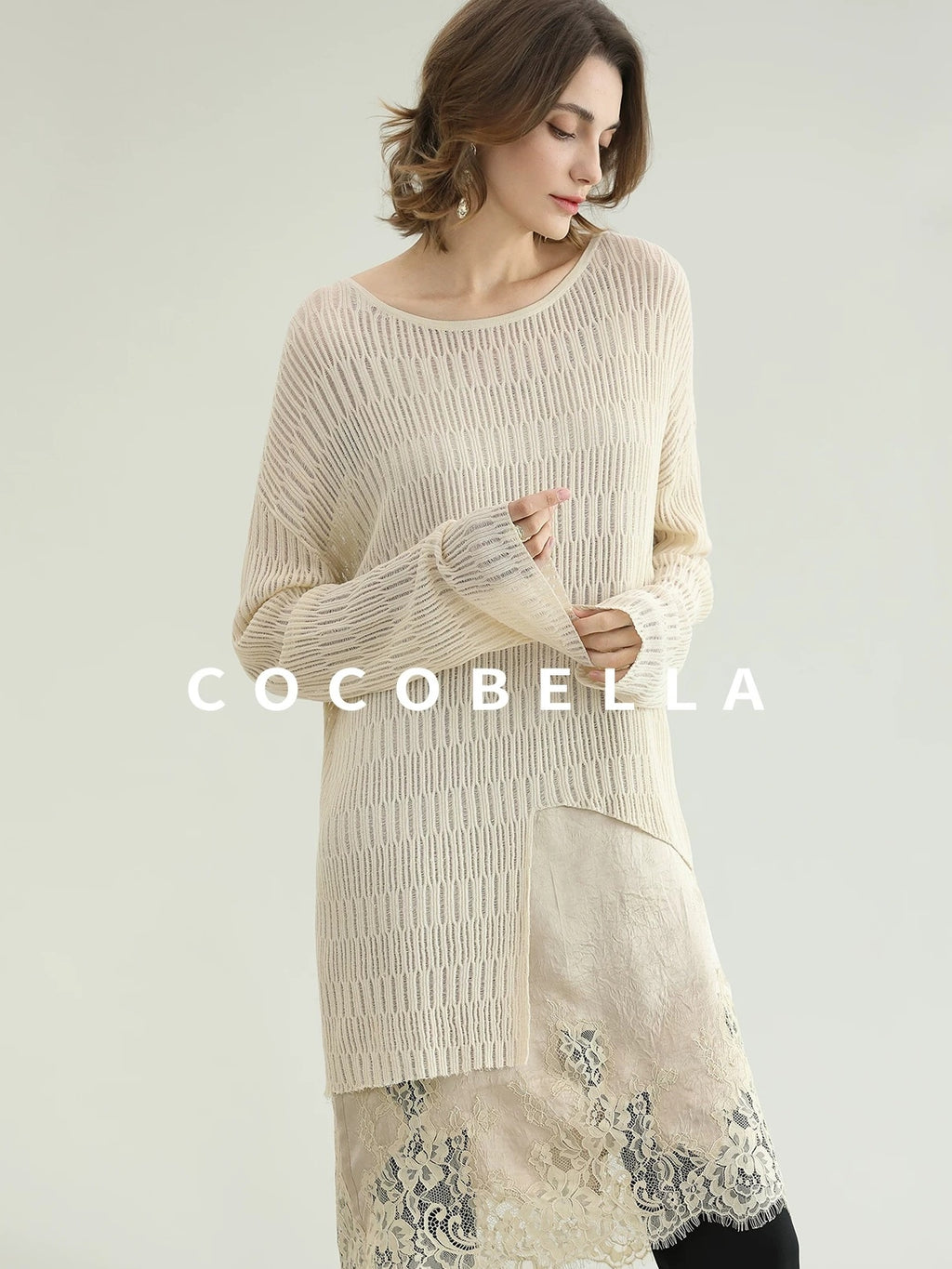 COCOBELLA Soft Acetate Elegant Pleated Lace V Neck Straight H Line City Slip Dresses