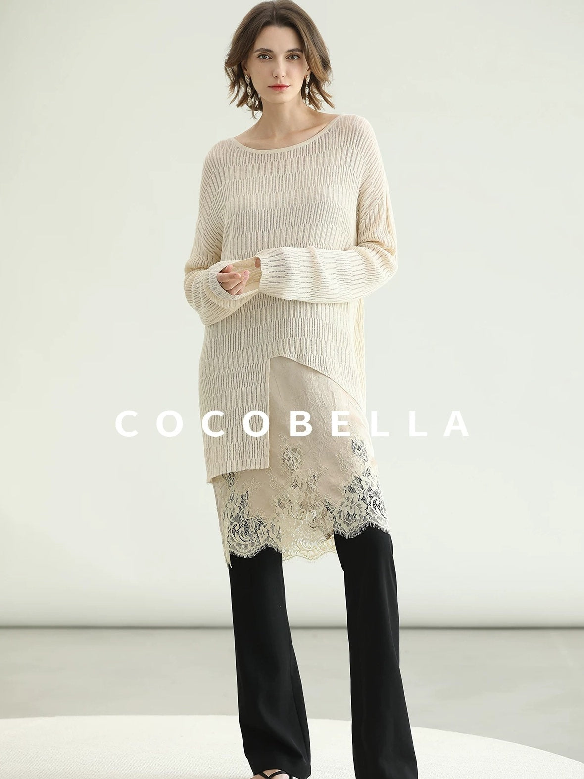 COCOBELLA Soft Acetate Elegant Pleated Lace V Neck Straight H Line City Slip Dresses