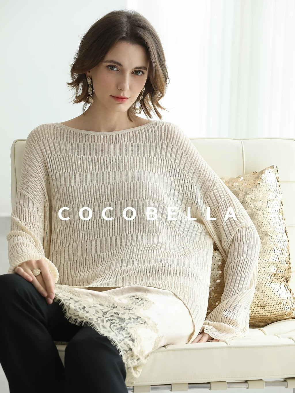 COCOBELLA Soft Acetate Elegant Pleated Lace V Neck Straight H Line City Slip Dresses