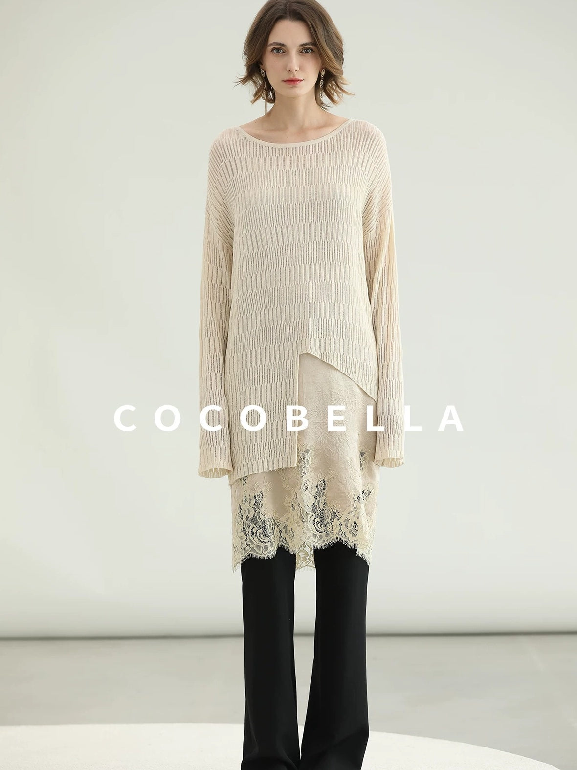 COCOBELLA Soft Acetate Elegant Pleated Lace V Neck Straight H Line City Slip Dresses