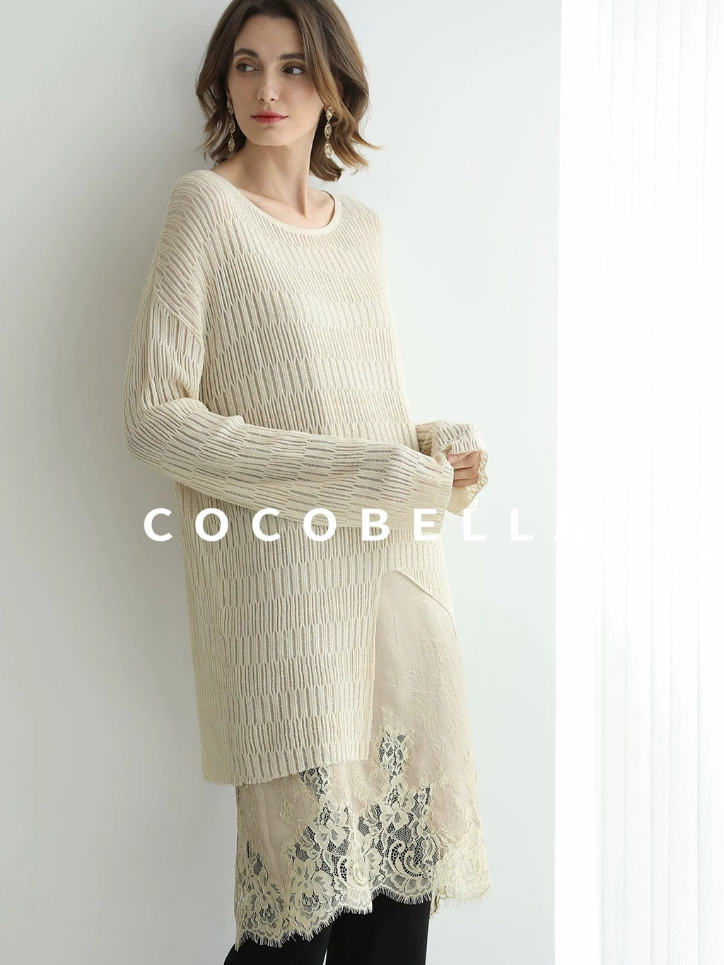 COCOBELLA Soft Acetate Elegant Pleated Lace V Neck Straight H Line City Slip Dresses