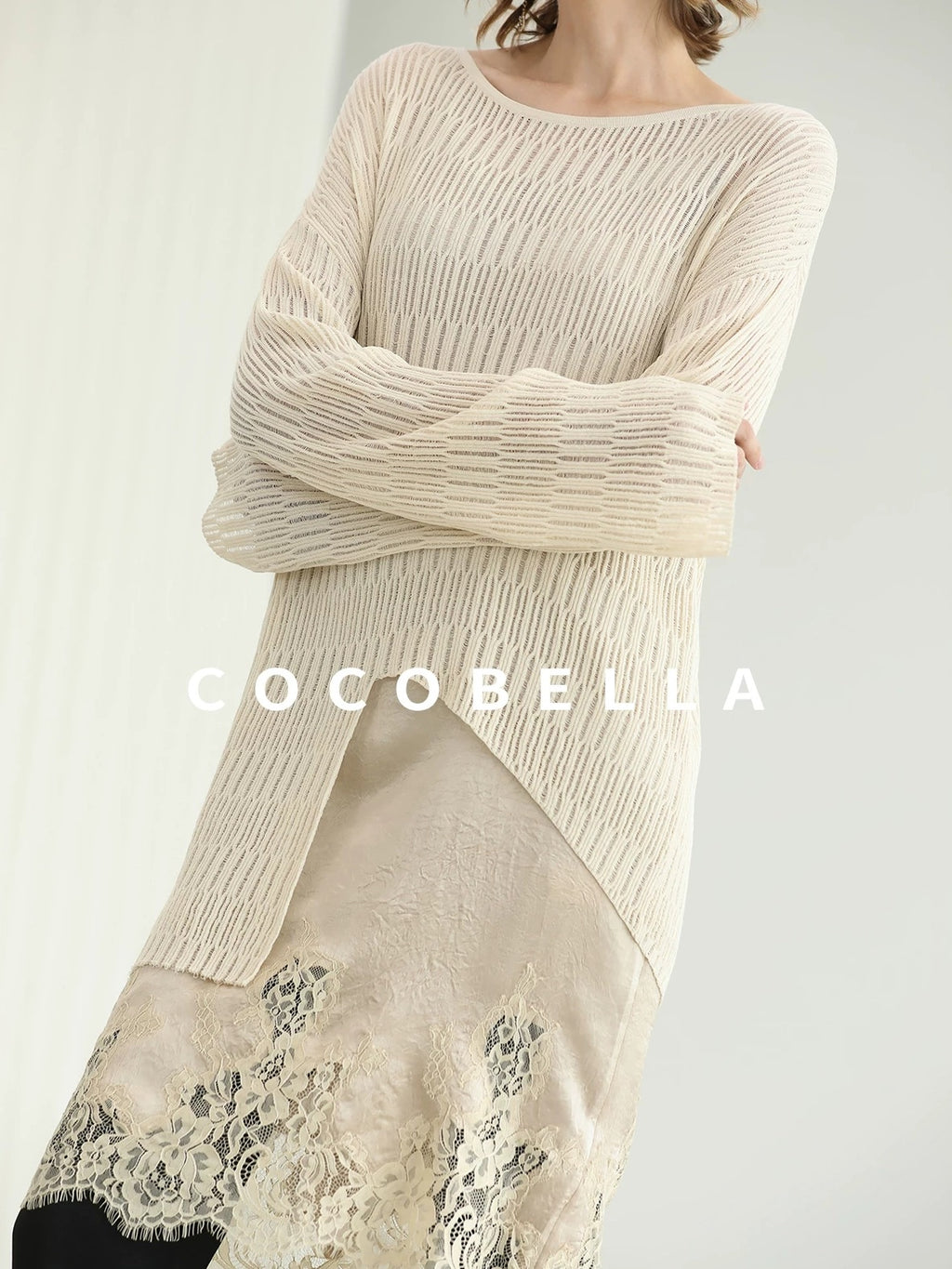 COCOBELLA Soft Acetate Elegant Pleated Lace V Neck Straight H Line City Slip Dresses