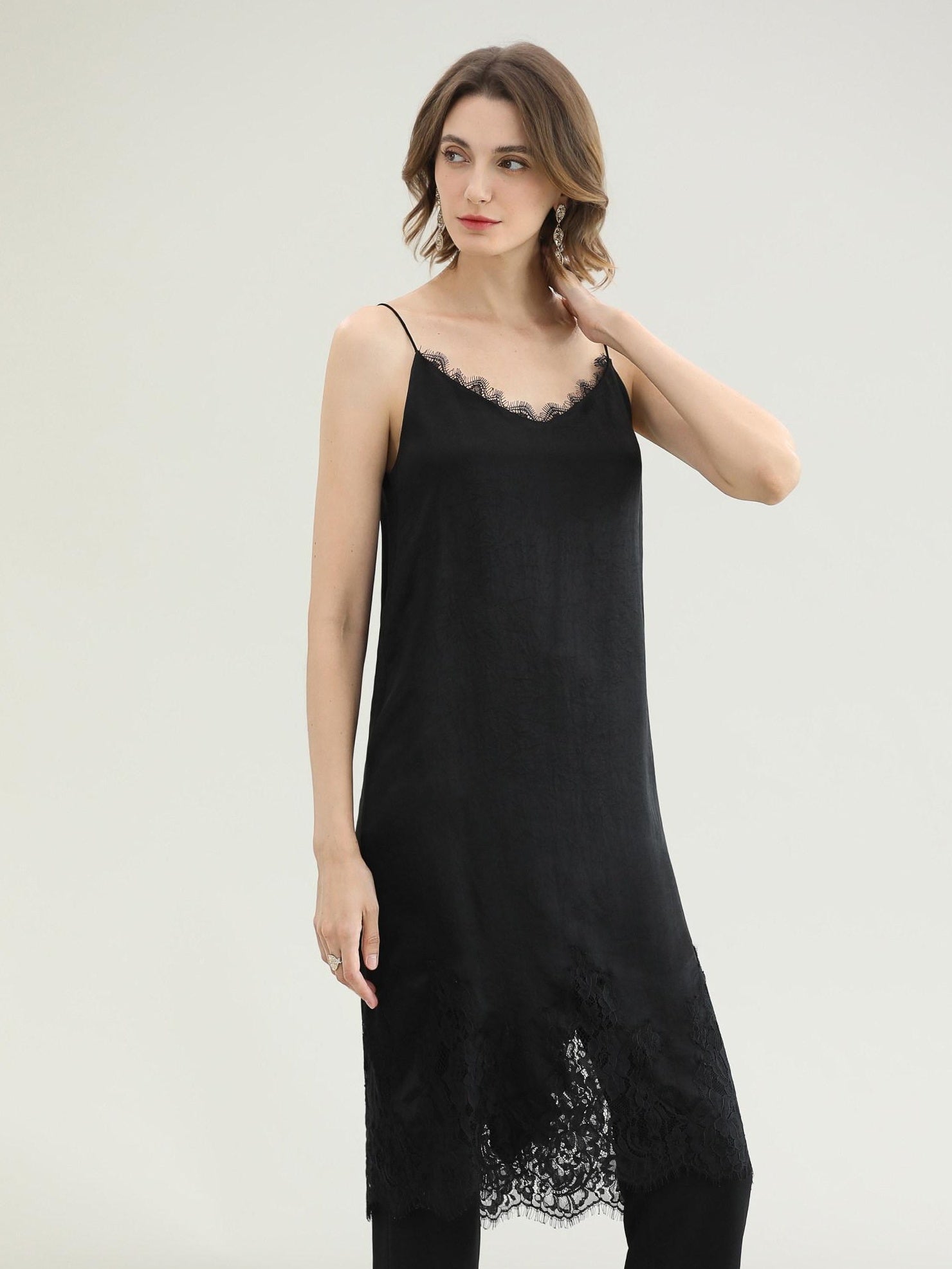 COCOBELLA Soft Acetate Elegant Pleated Lace V Neck Straight H Line City Slip Dresses