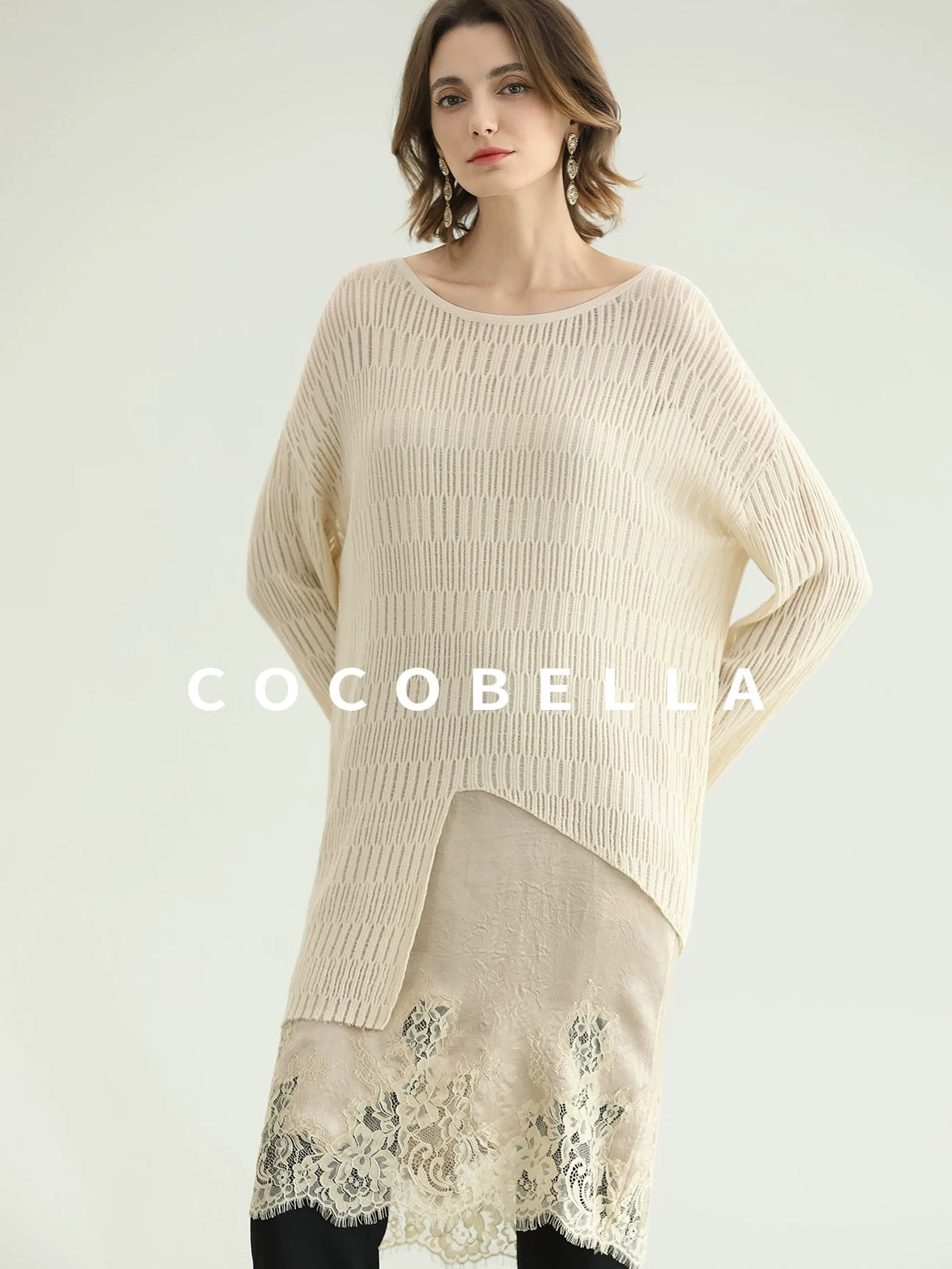 COCOBELLA Soft Acetate Elegant Pleated Lace V Neck Straight H Line City Slip Dresses