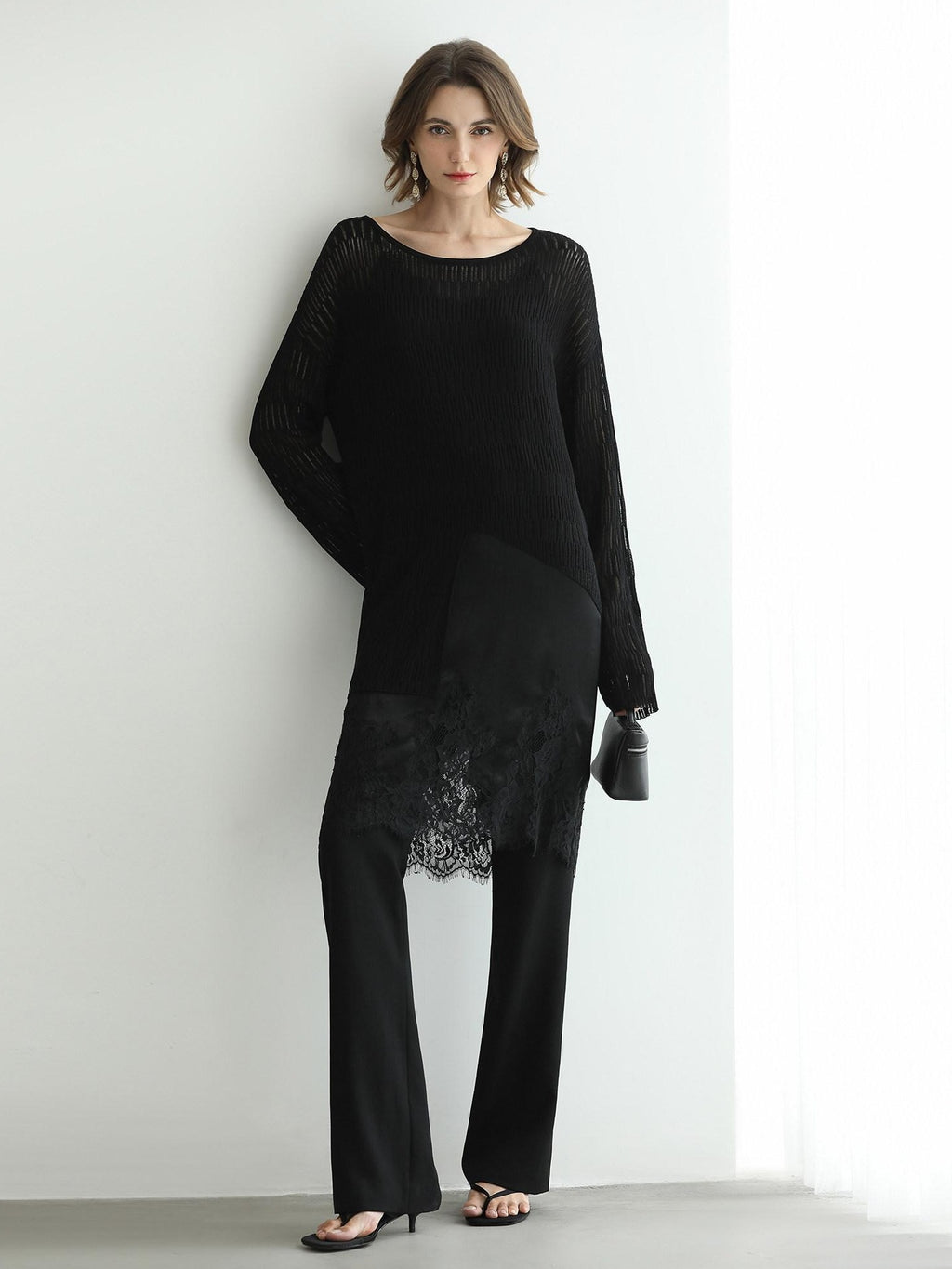 COCOBELLA Soft Acetate Elegant Pleated Lace V Neck Straight H Line City Slip Dresses