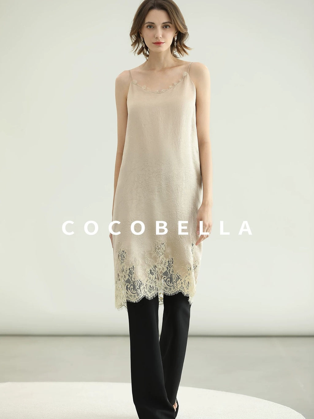 COCOBELLA Soft Acetate Elegant Pleated Lace V Neck Straight H Line City Slip Dresses