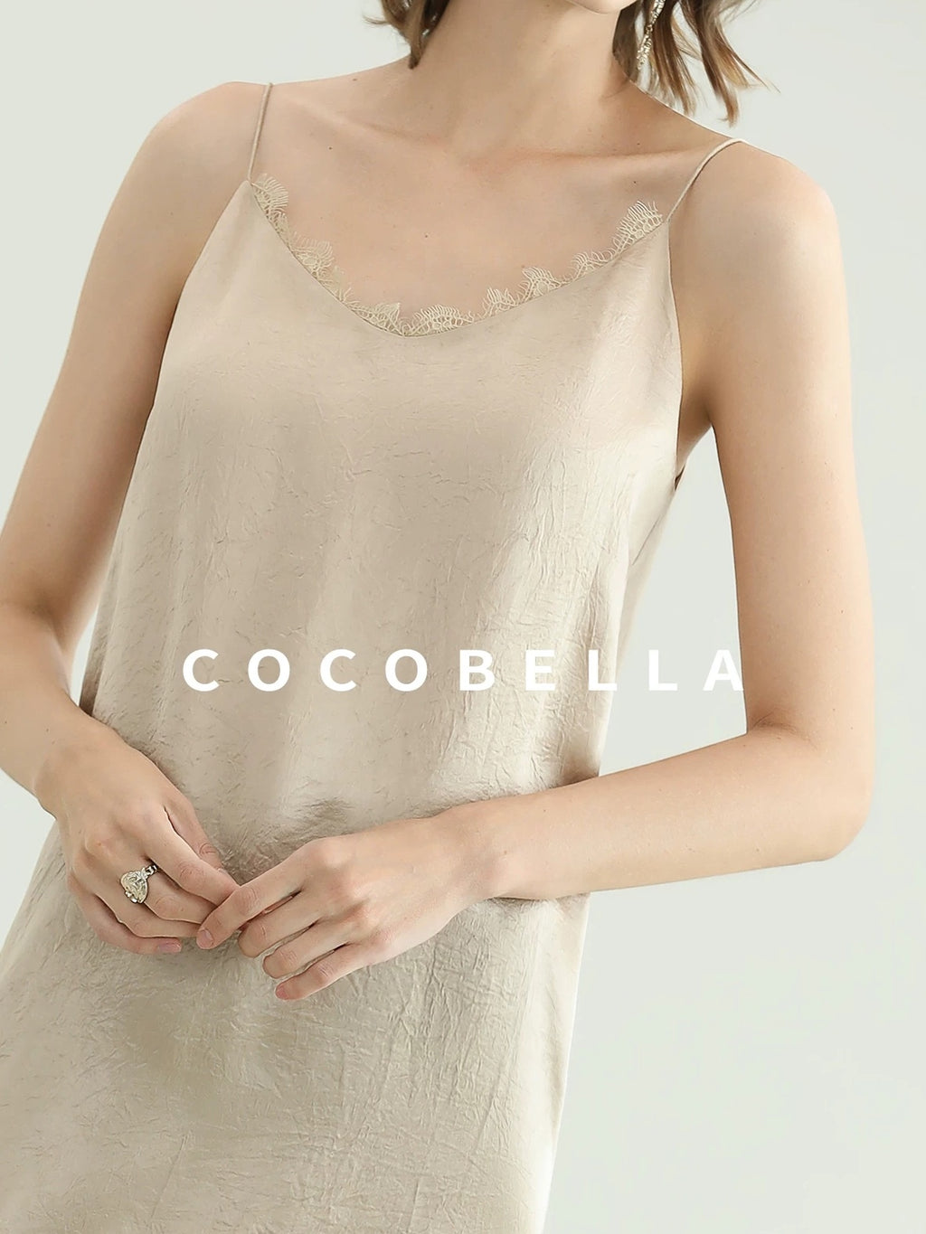 COCOBELLA Soft Acetate Elegant Pleated Lace V Neck Straight H Line City Slip Dresses