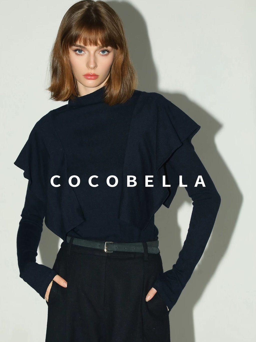 COCOBELLA Soft Acrylic Blend Turtleneck Slim Fit Faux Two Piece Ruffle Women Knit Sweater