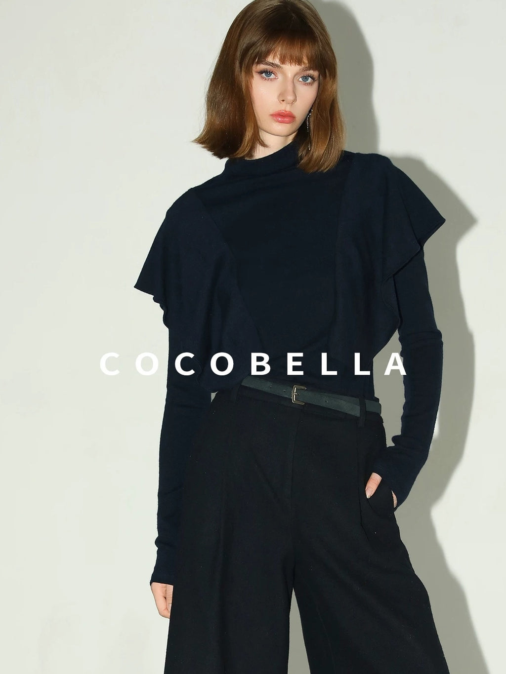 COCOBELLA Soft Acrylic Blend Turtleneck Slim Fit Faux Two Piece Ruffle Women Knit Sweater