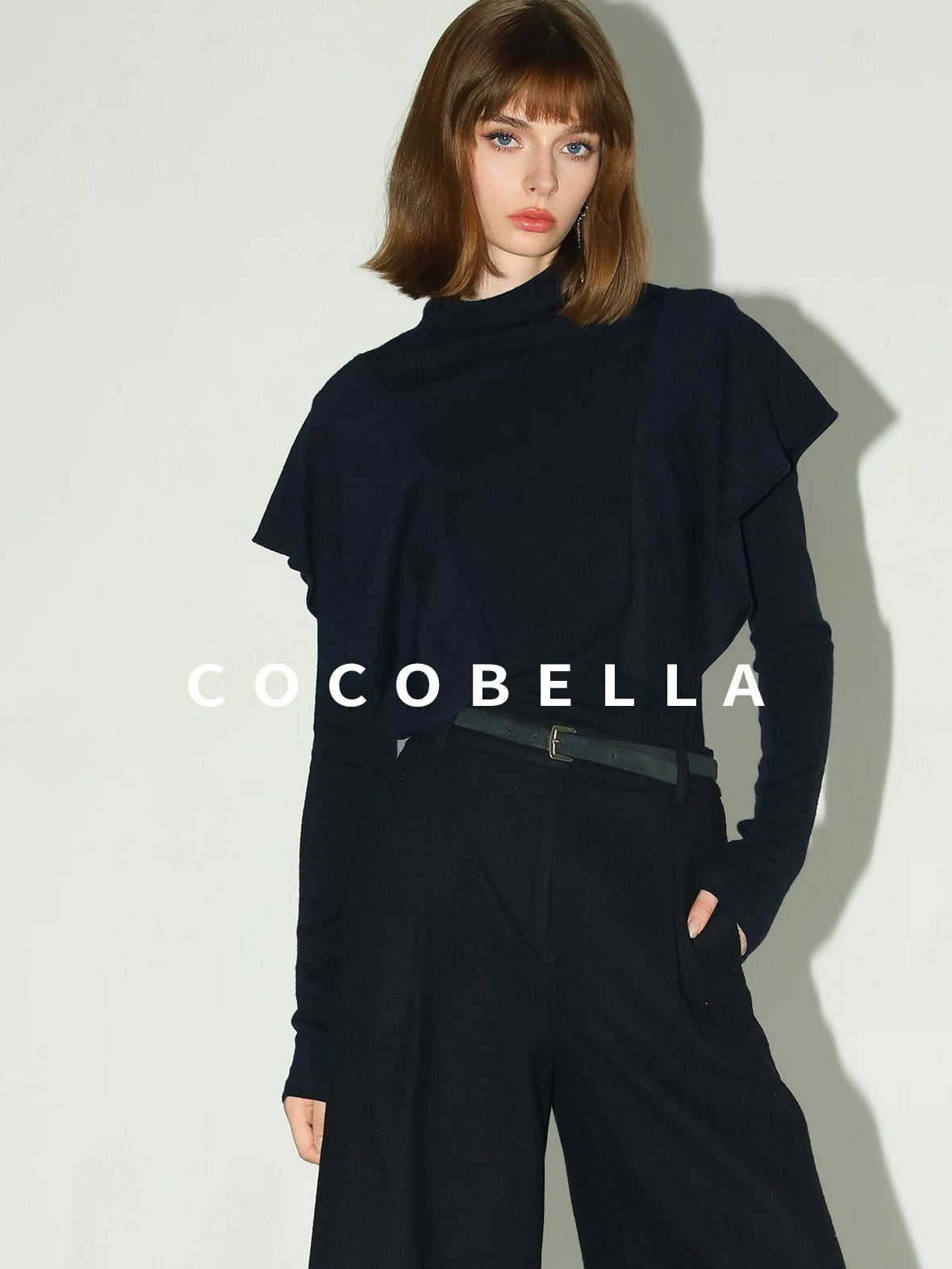 COCOBELLA Soft Acrylic Blend Turtleneck Slim Fit Faux Two Piece Ruffle Women Knit Sweater
