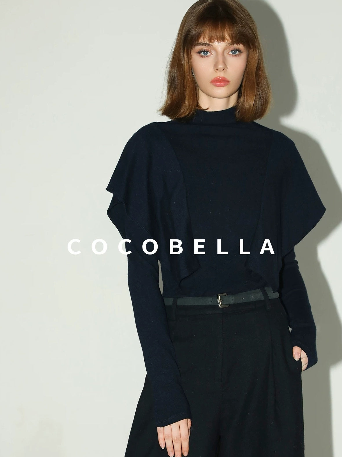 COCOBELLA Soft Acrylic Blend Turtleneck Slim Fit Faux Two Piece Ruffle Women Knit Sweater