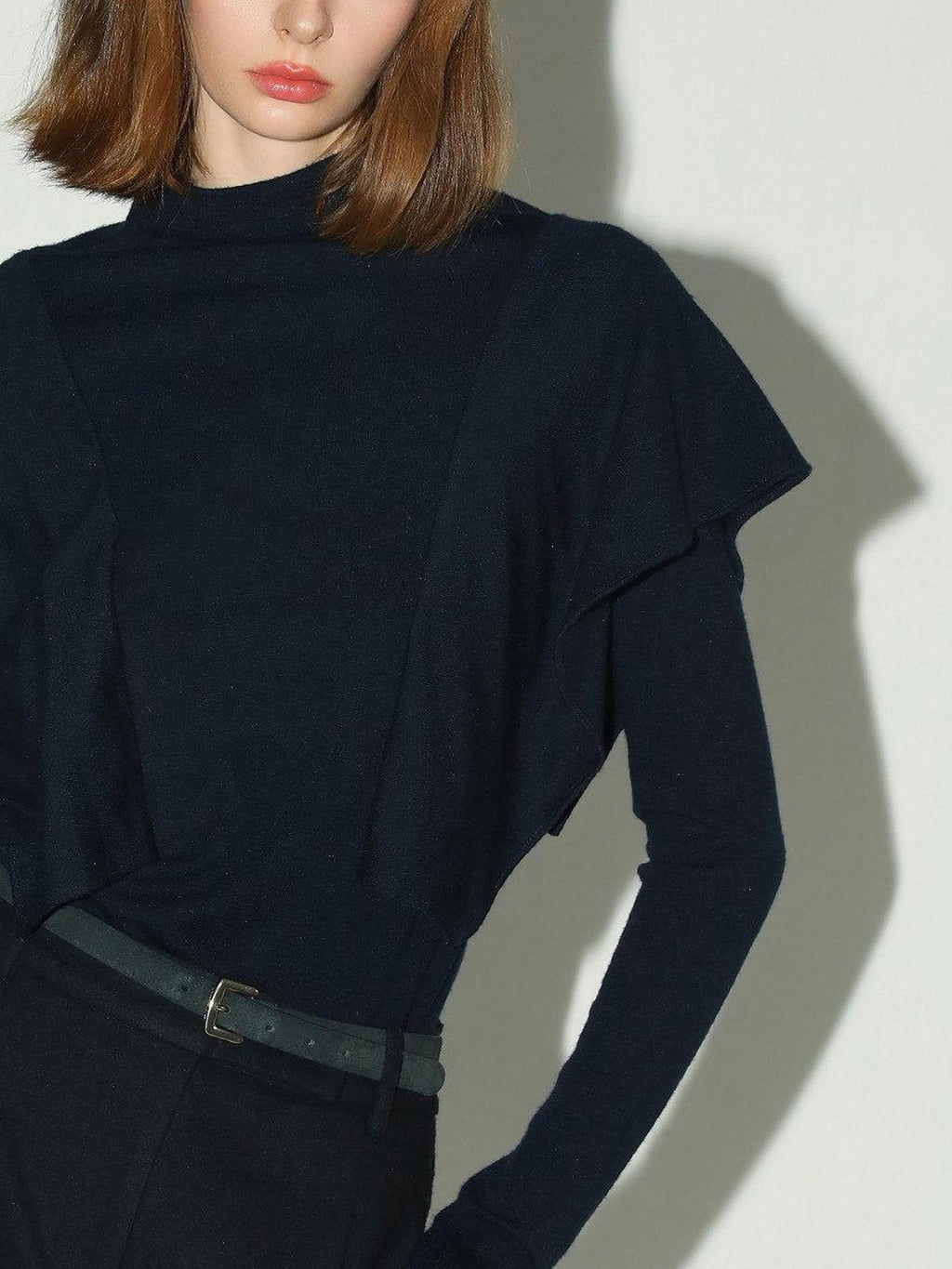 COCOBELLA Soft Acrylic Blend Turtleneck Slim Fit Faux Two Piece Ruffle Women Knit Sweater