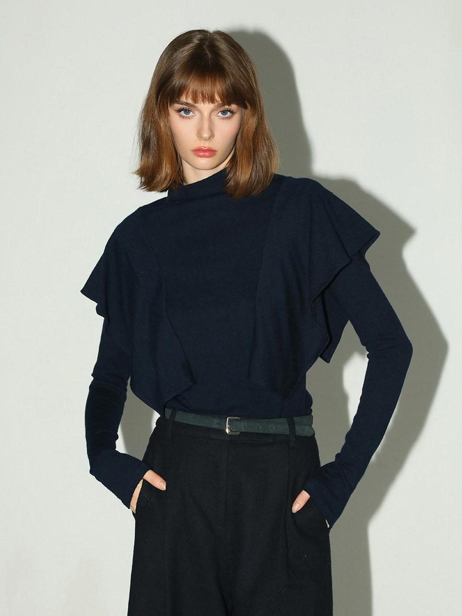 COCOBELLA Soft Acrylic Blend Turtleneck Slim Fit Faux Two Piece Ruffle Women Knit Sweater