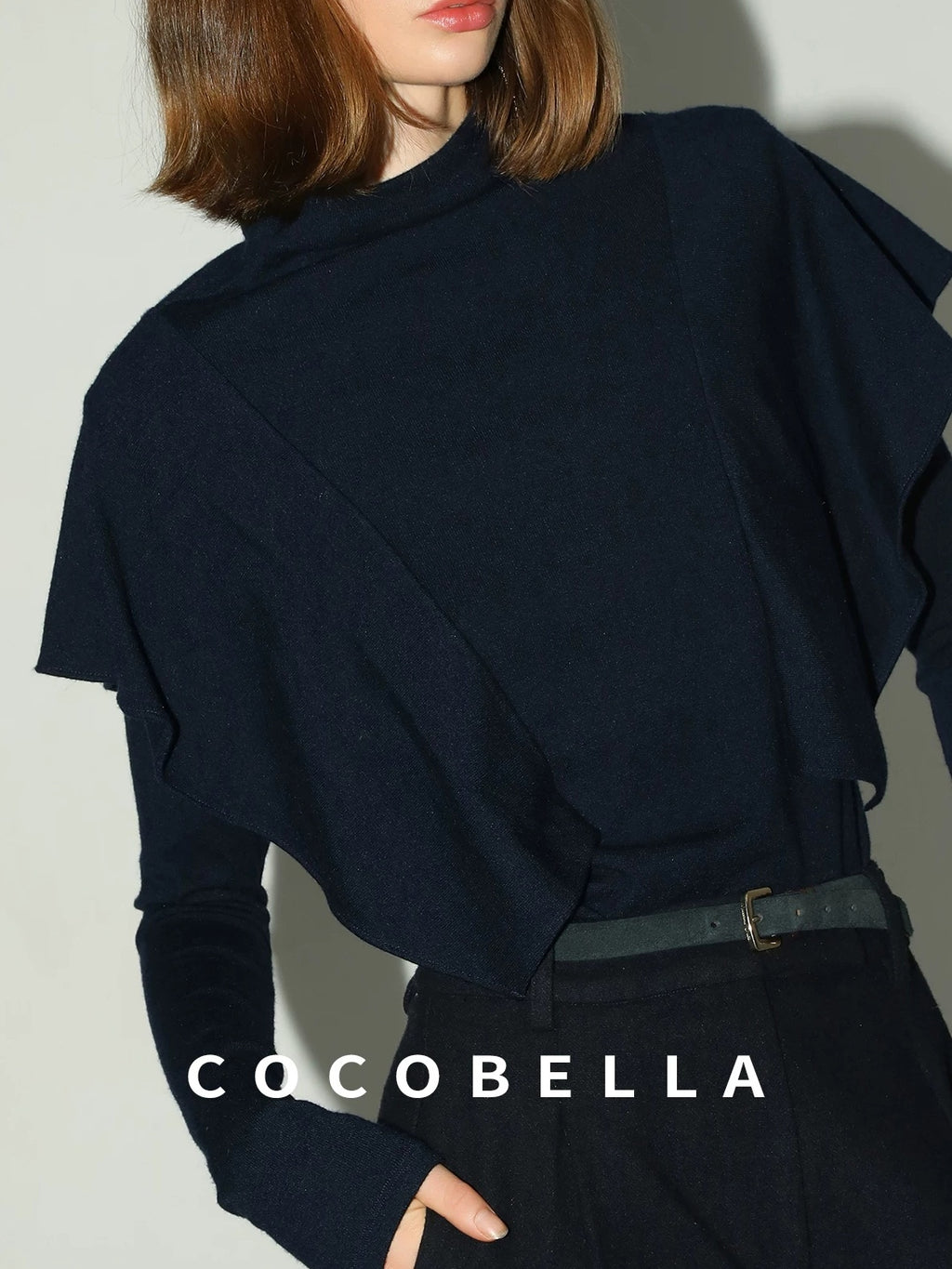COCOBELLA Soft Acrylic Blend Turtleneck Slim Fit Faux Two Piece Ruffle Women Knit Sweater