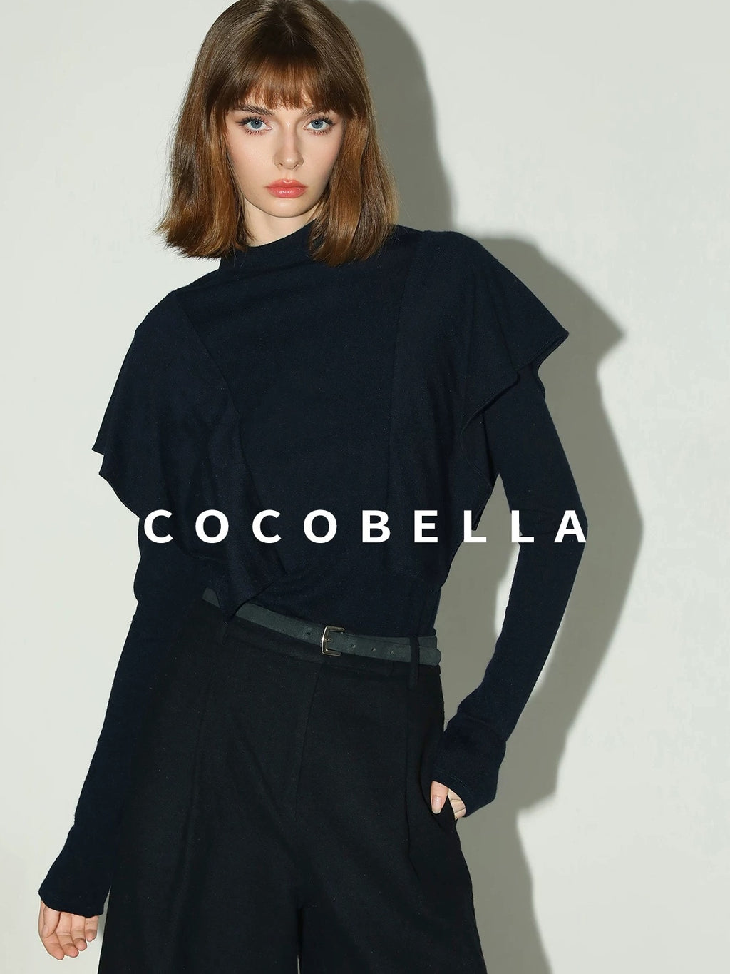 COCOBELLA Soft Acrylic Blend Turtleneck Slim Fit Faux Two Piece Ruffle Women Knit Sweater