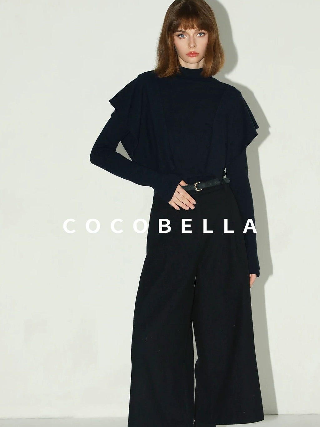 COCOBELLA Soft Acrylic Blend Turtleneck Slim Fit Faux Two Piece Ruffle Women Knit Sweater