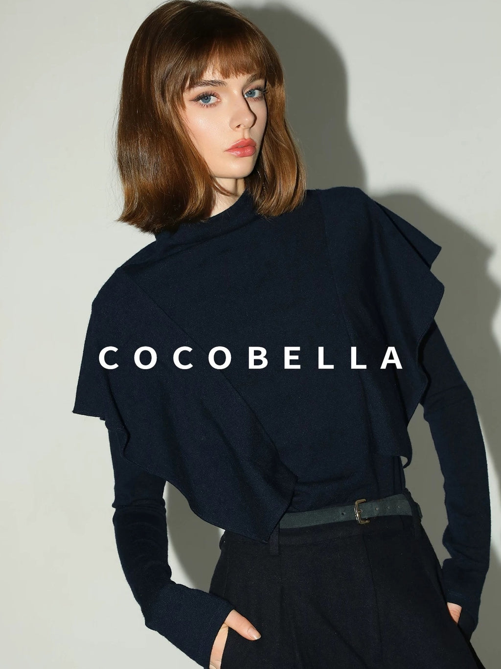 COCOBELLA Soft Acrylic Blend Turtleneck Slim Fit Faux Two Piece Ruffle Women Knit Sweater