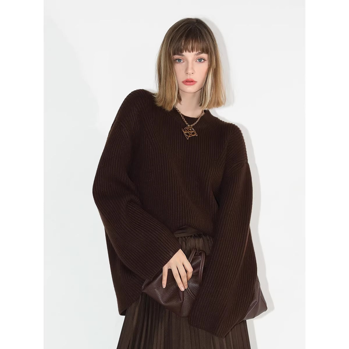 COCOBELLA_Soft_Acrylic_Textured_Straight_Cut_Office_Crew_Neck_Chocolate_Brown_Sweater_MISSTT