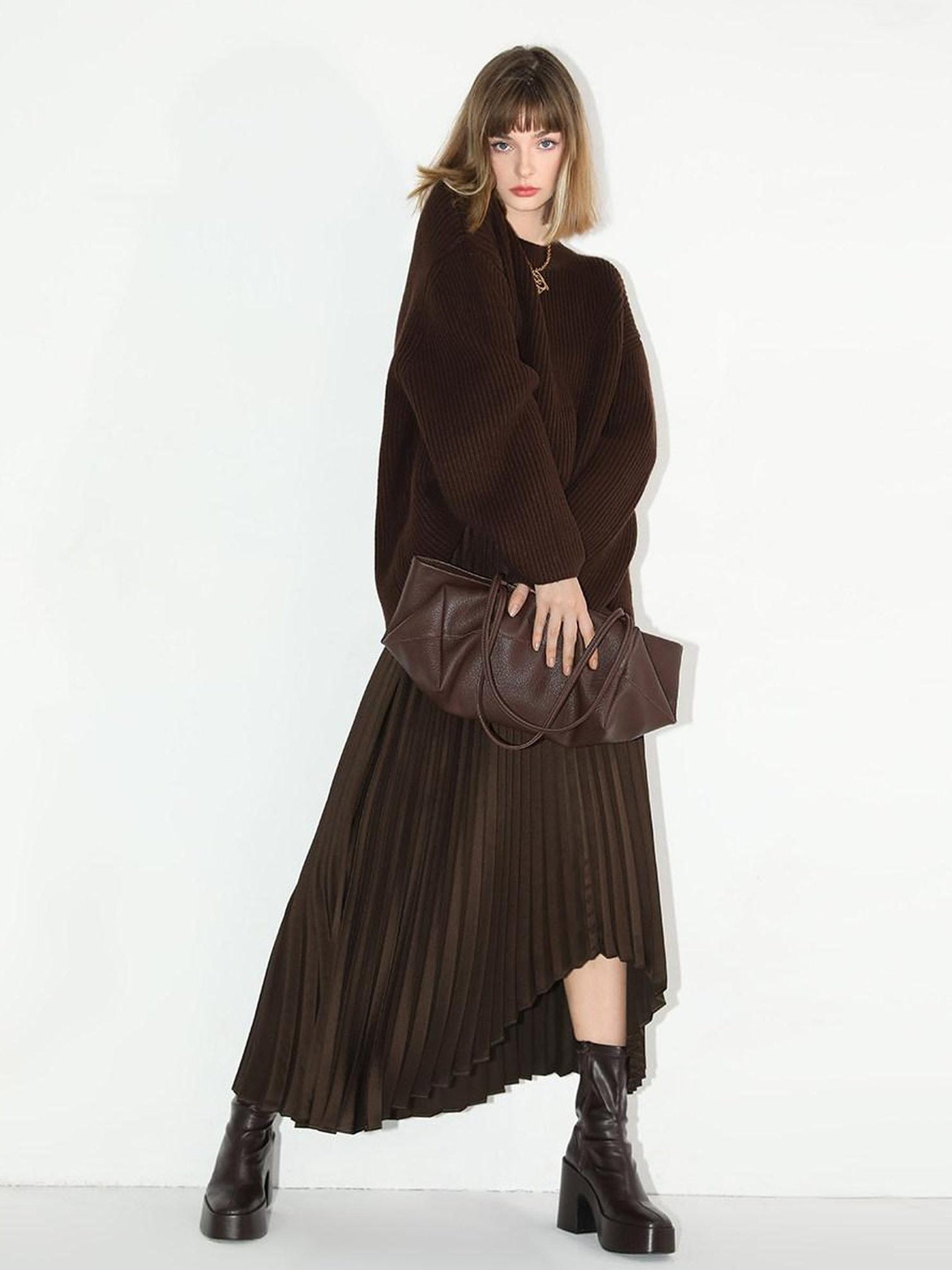 COCOBELLA Soft Acrylic Textured Straight Cut Office Crew Neck Chocolate Brown Sweater